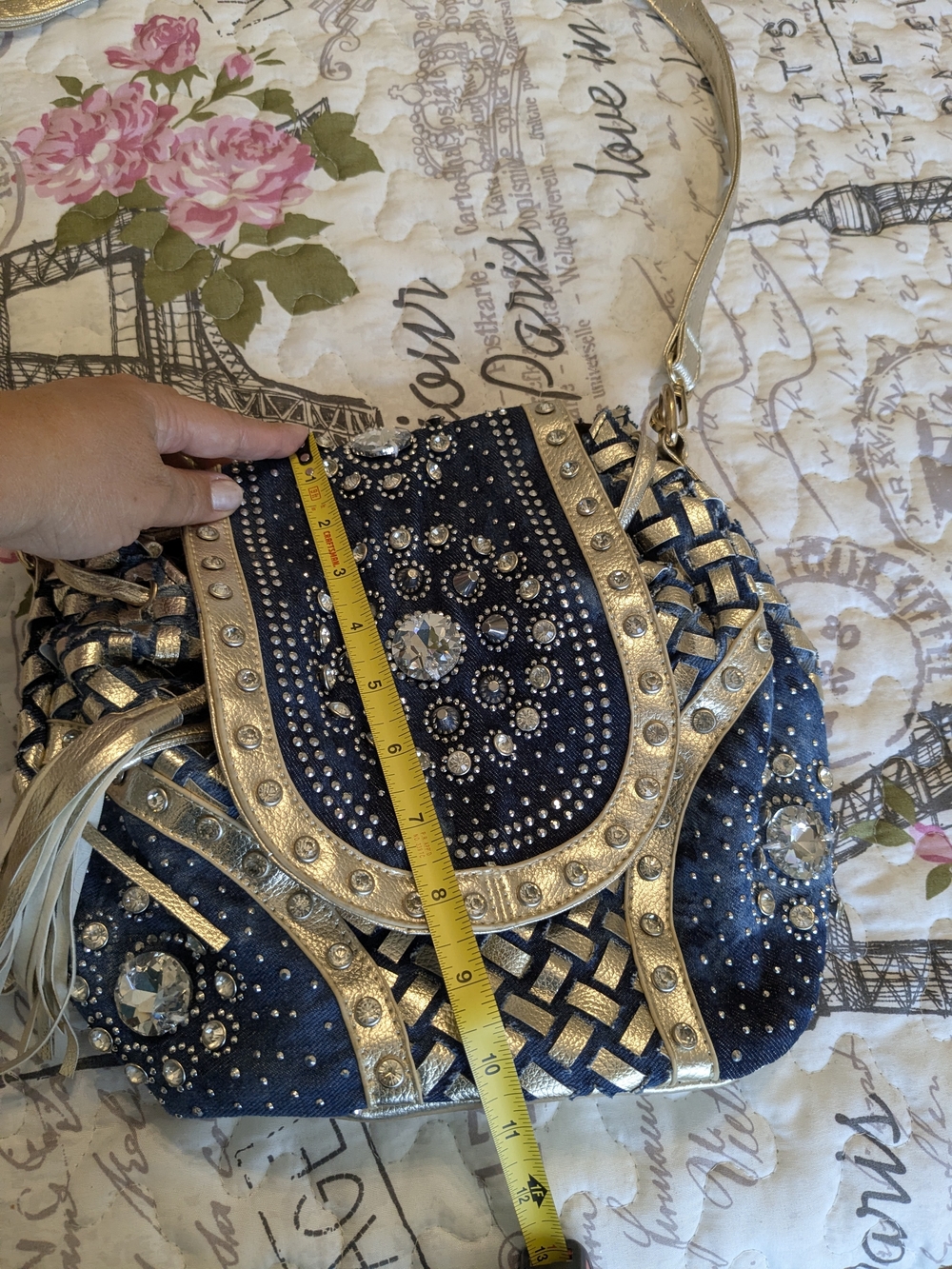 New Never Worn Blue and Gold Rhinestone Shoulder Bag with Tassel - Picture 4 of 7